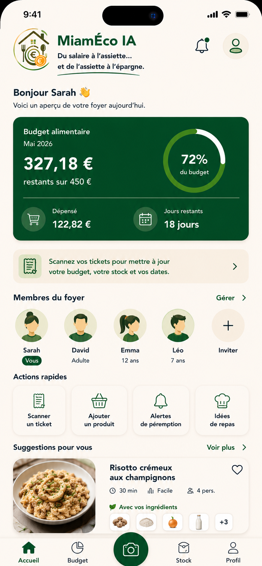 Aperçu de l'application MiamÉco IA — écran d'accueil